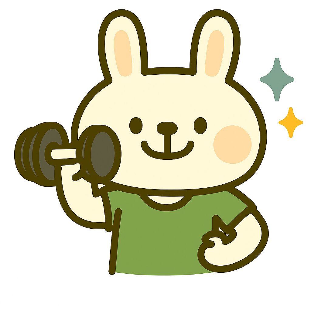 「白いウサギのキャラクター（みどりん）が緑のTシャツを着て、笑顔でダンベルを持ち筋トレしているイラスト。背景には星型のキラキラが描かれている